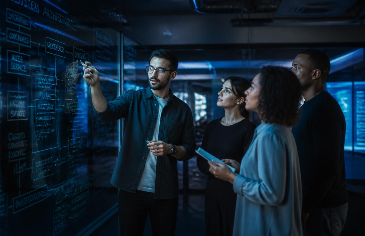 AOS engineers reviewing a system architecture on a glass wall